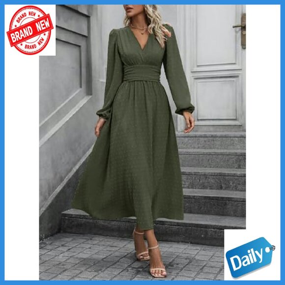 Swiss Dot Maxi Dress V-Neck Long Lantern Sleeves A-Line Flowy - Picture 3 of 8